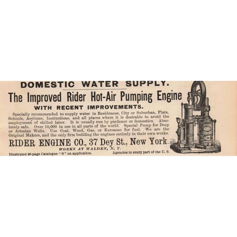 1891 Rider Engine Co Improved Hot Air Pumping Engine Print Ad Water Supply image 1
