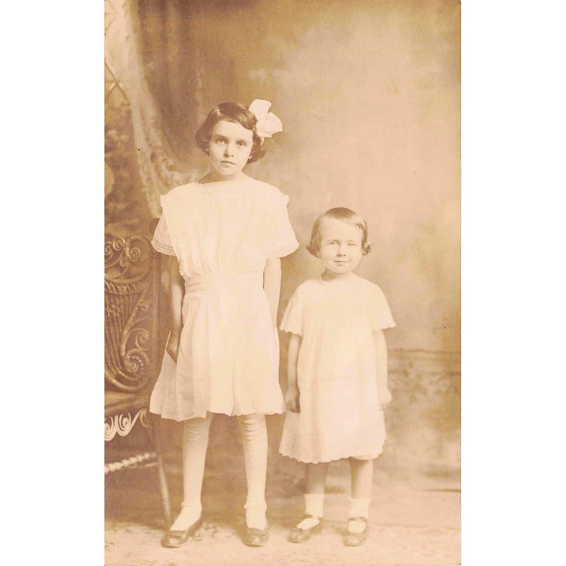 RPPC Real Photo Postcard Two Girls White Dresses Studio Portrait c1910 AZO image 1