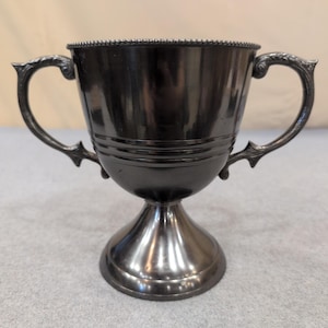 Vintage Silver Tone Loving Cup Trophy Ornate Handles Beaded Rim Pedestal Base image 1