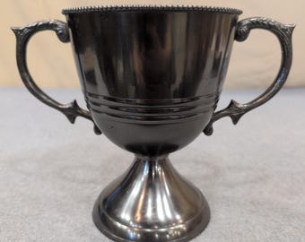Vintage Silver Tone Loving Cup Trophy Ornate Handles Beaded Rim Pedestal Base