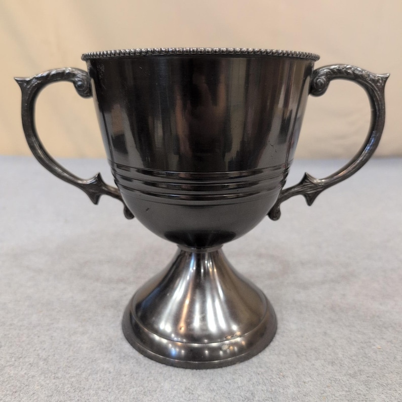 Vintage Silver Tone Loving Cup Trophy Ornate Handles Beaded Rim Pedestal Base image 1
