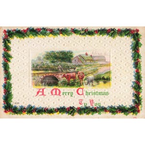 ヴィンテージ エンボス加工 クリスマス ポストカード 牛 橋 農家 ヒイラギの縁取り VG- 画像 1