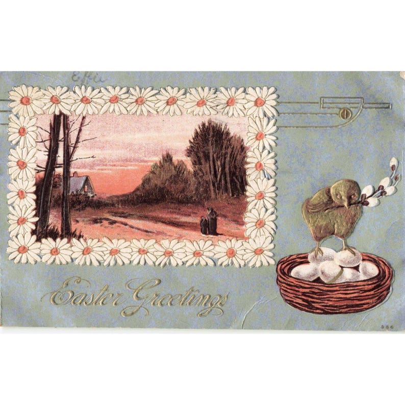 Vtg 1909 Easter Greetings Postcard Embossed Chick Nest Daisy Sunset NY Postmark image 1