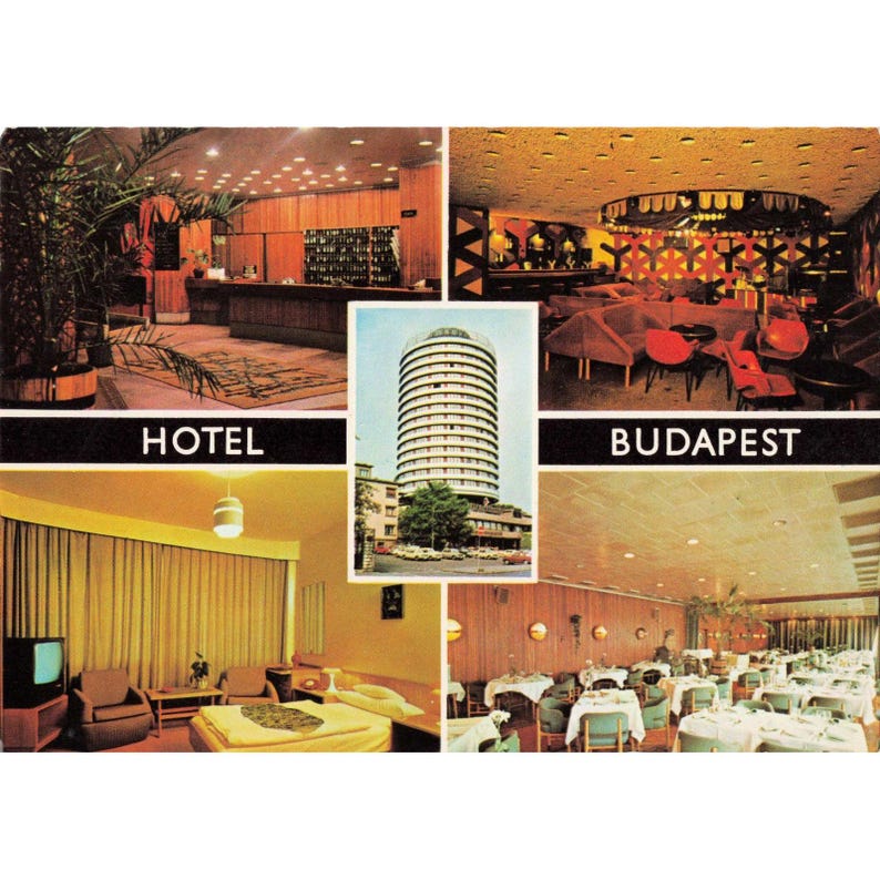 Vintage Hotel Budapest Ungarn Mehransicht-Postkarte, Mid-Century Modern Interieur Bild 1