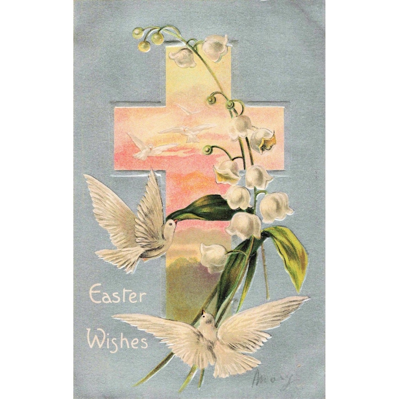 Vtg Easter Wishes Postcard Embossed Cross Doves Lily of the Valley Series C 20 image 1