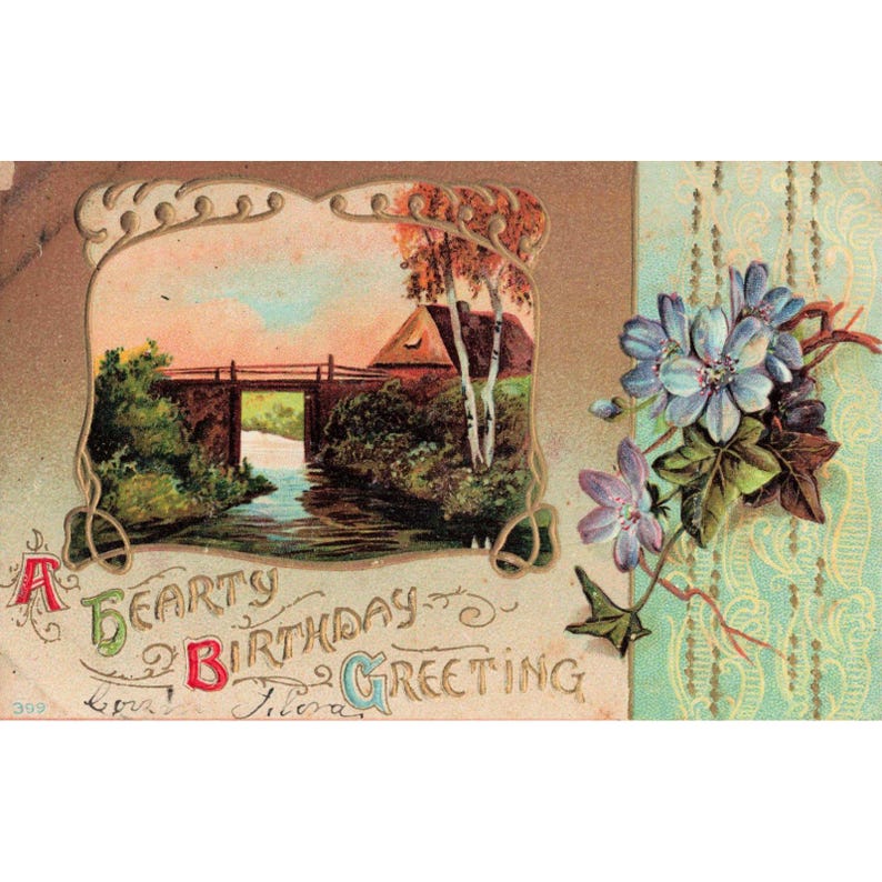 Antique Embossed Birthday Greeting Postcard Landscape Bridge Floral Gold 399 image 1
