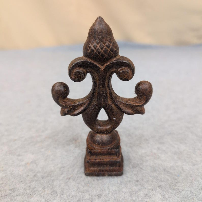 Vintage Cast Iron Fleur De Lis Acorn Fence Post Finial Gate Topper Rustic Brown image 1