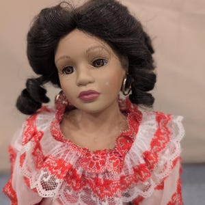 Ashley Belle Porcelain Mexican Doll With Stand Red White Lace Dress Hoop Earring image 2