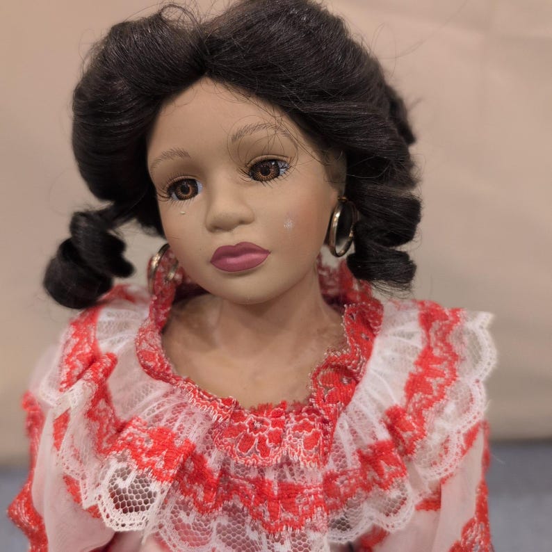 Ashley Belle Porcelain Mexican Doll With Stand Red White Lace Dress Hoop Earring image 2