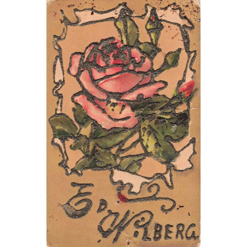 Carte postale ancienne de 1908, rose à paillettes, gaufrée, Allemagne, verso divisé image 1