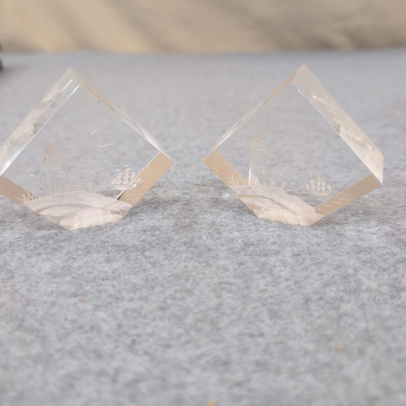 Vtg Intaglio Etched Nautical Lighthouse Ship Clear Cube Paperweights Set of 2 image 1