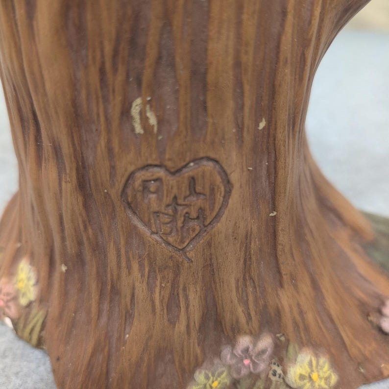 Vintage Baumstumpf Keramik Pflanzgefäß Rinde Textur Herz Carving Brown Floral Bild 6