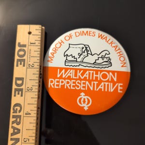 Vintage March of Dimes Walkathon Representative Pinback Button Orange White Boot image 2