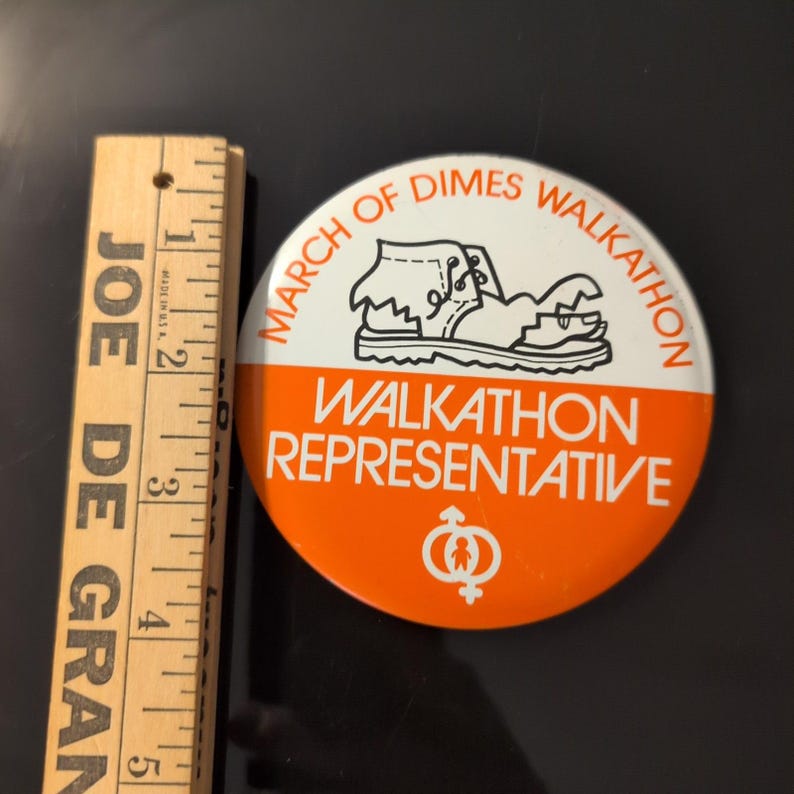 Vintage March of Dimes Walkathon Representative Pinback Button Orange White Boot image 2