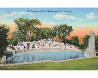 Cartão-postal vintage da Fonte do Tempo, Washington Park, Chicago, em linho, Curt Teich 122