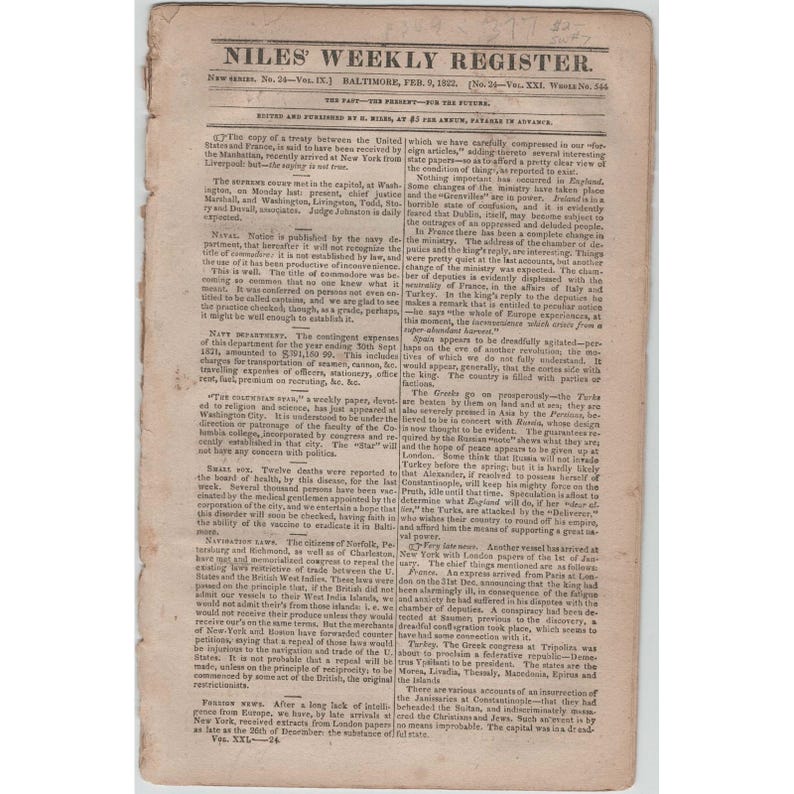 Niles Weekly Register, 9 lutego 1822 r., Gazeta Baltimore, tom IX, nr 24, Prawo upadłościowe zdjęcie 1