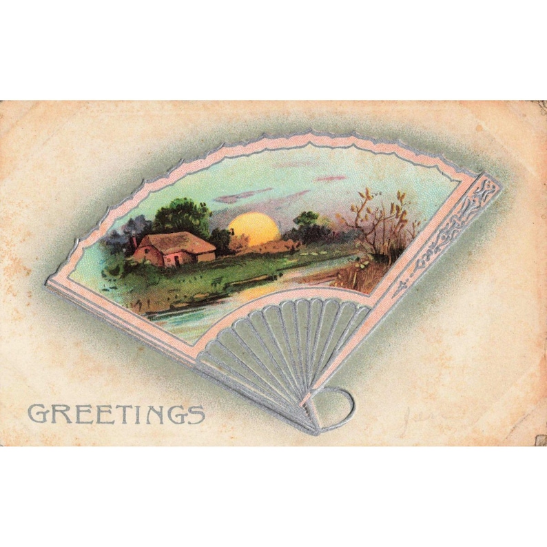 Vintage Embossed Postcard Greetings Fan Shaped Landscape Cottage Sunset VG image 1
