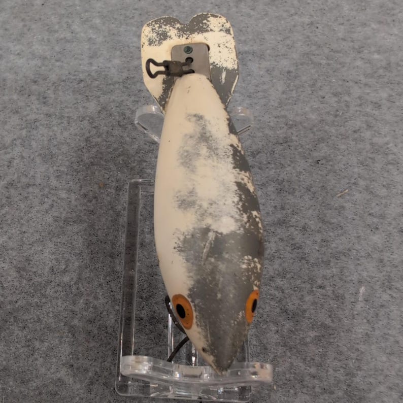 Vintage Wooden Bomber Fishing Lure Realistic Fish Design Orange Eyes image 2