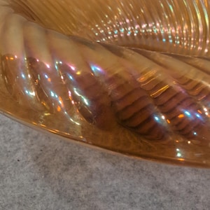 Vintage Marigold Iridescent Carnival Glass Swirl Ribbed Decorative Bowl image 4