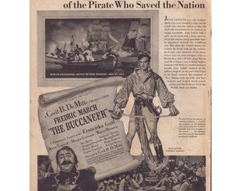 1938 Filmposter van The Buccaneer met Fredric March, Cecil B. DeMille en Jean Lafitte in VG-kwaliteit.