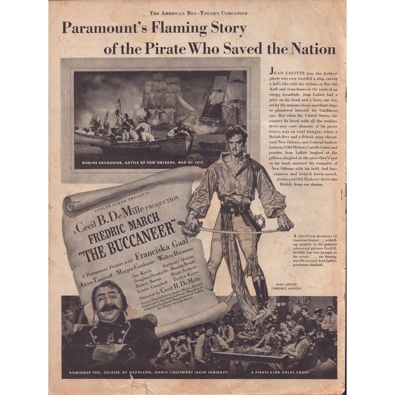 1938 The Buccaneer Movie Print Ad Fredric March Cecil B DeMille Jean Lafitte VG image 1
