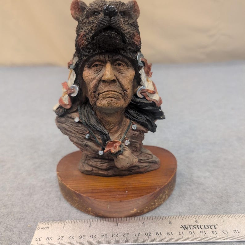Native American Chief Bust Bear Headdress Feather Necklace Figurine Statue image 7