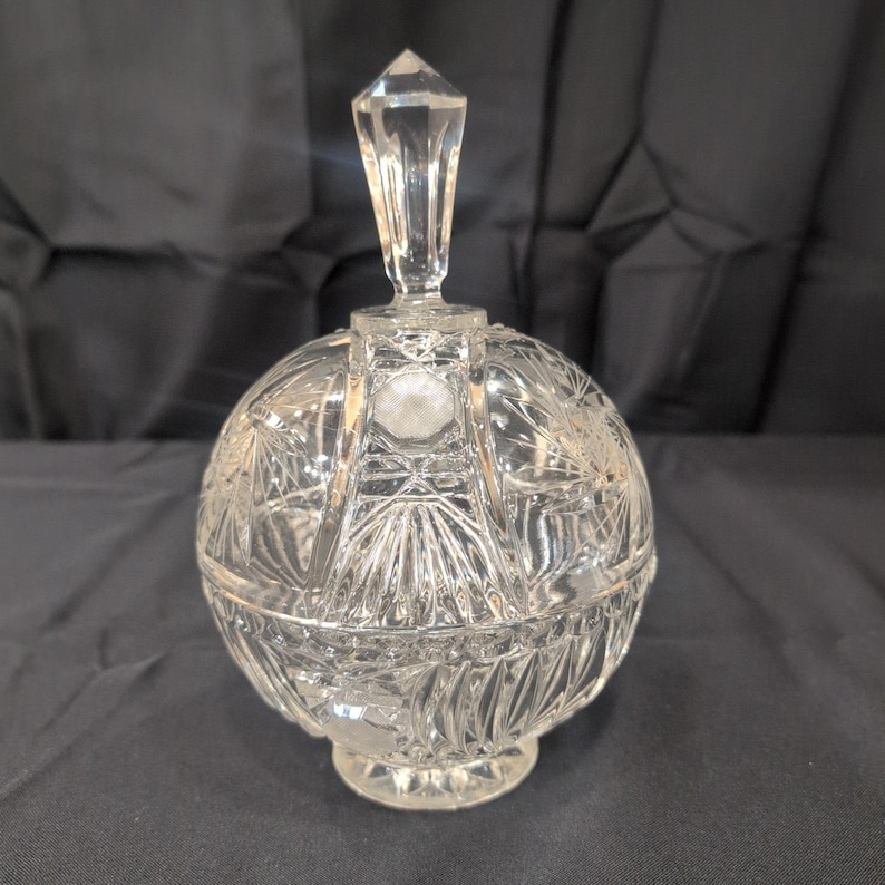 Vintage American Brilliant Style Cut Glass Lidded Candy Dish Pinwheel Starburst image 1