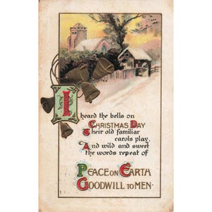 Carte postale de Noël vintage de 1914 « J'ai entendu les cloches le jour de Noël », série L&E 2274 image 1