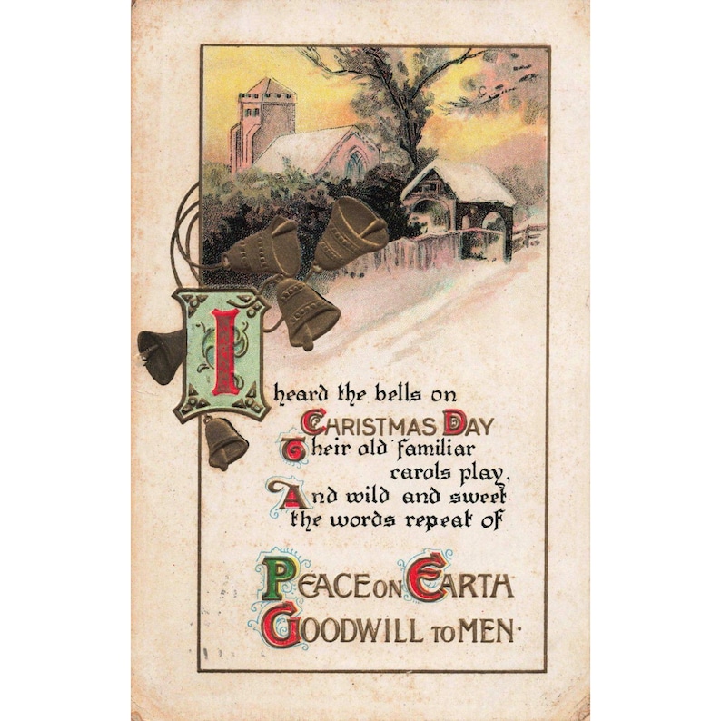 Carte postale de Noël vintage de 1914 « J'ai entendu les cloches le jour de Noël », série L&E 2274 image 1