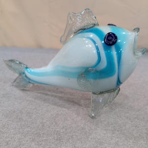 Hand Blown Art Glass Fish Figurine Blue White Swirl Nautical Decor Sculpture image 2