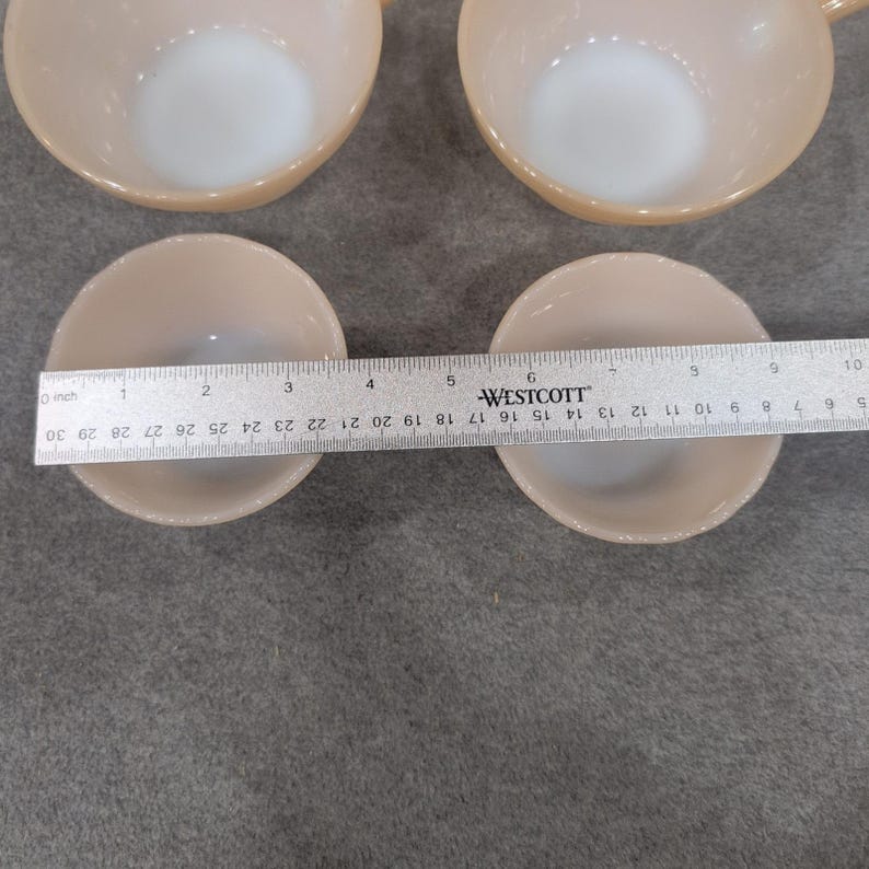 Fire King Peach Luster Milk Glass Handled Chili Bowls and Custard Cups Set of 6 image 3
