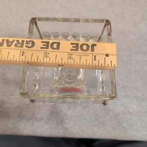 Vintage Clear Pressed Glass Square Pedestal Dish Gold Trim Thumbprint Pattern image 7