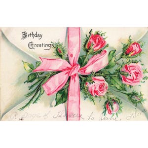 Vintage Embossed Birthday Greetings Postcard Pink Roses Ribbon Floral 965 VG image 1