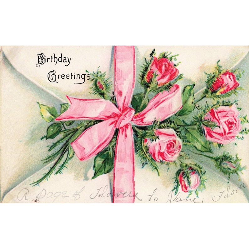 Vintage Embossed Birthday Greetings Postcard Pink Roses Ribbon Floral 965 VG image 1