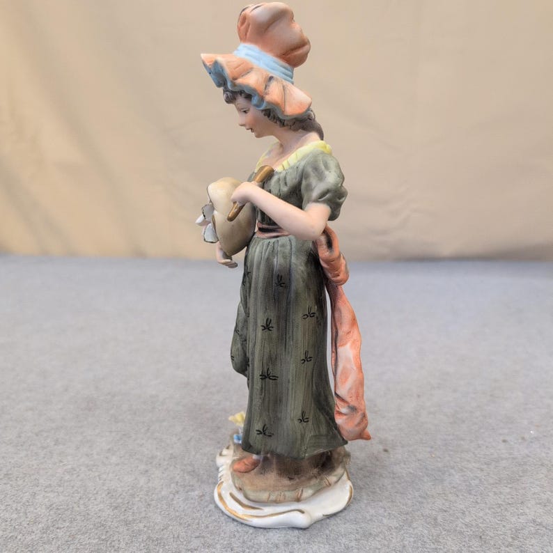 Vintage Hand Painted Porcelain Lady Figurine Green Dress Pink Flower Basket image 2
