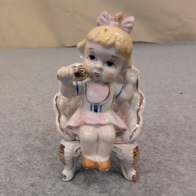 Vtg Porcelain Girl in Chair Figurine Gold Gilt Accents Numbered 2272 Pink Bow image 1