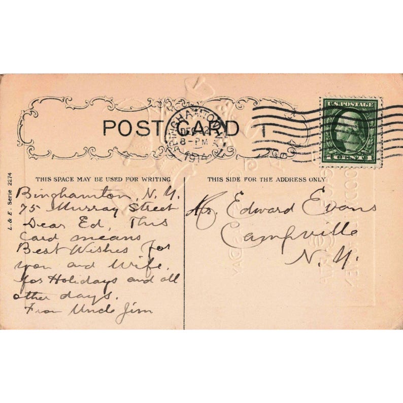 Carte postale de Noël vintage de 1914 « J'ai entendu les cloches le jour de Noël », série L&E 2274 image 2