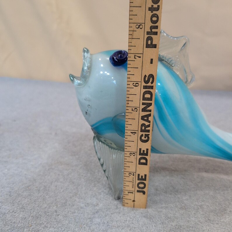 Hand Blown Art Glass Fish Figurine Blue White Swirl Nautical Decor Sculpture image 7
