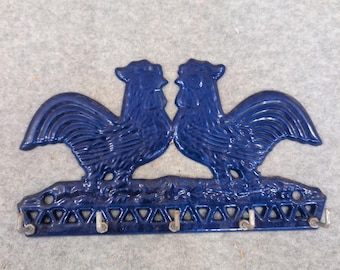 Vintage Cobalt Blue Double Rooster Metal Key Rack Wall Mount 5 Hook Holder ODI