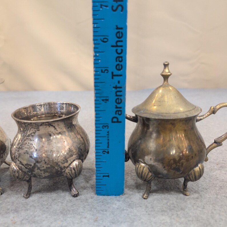 Vintage Miniature Silver Plate Tea Set Creamer Sugar Bowl Shell Feet 3pc image 7