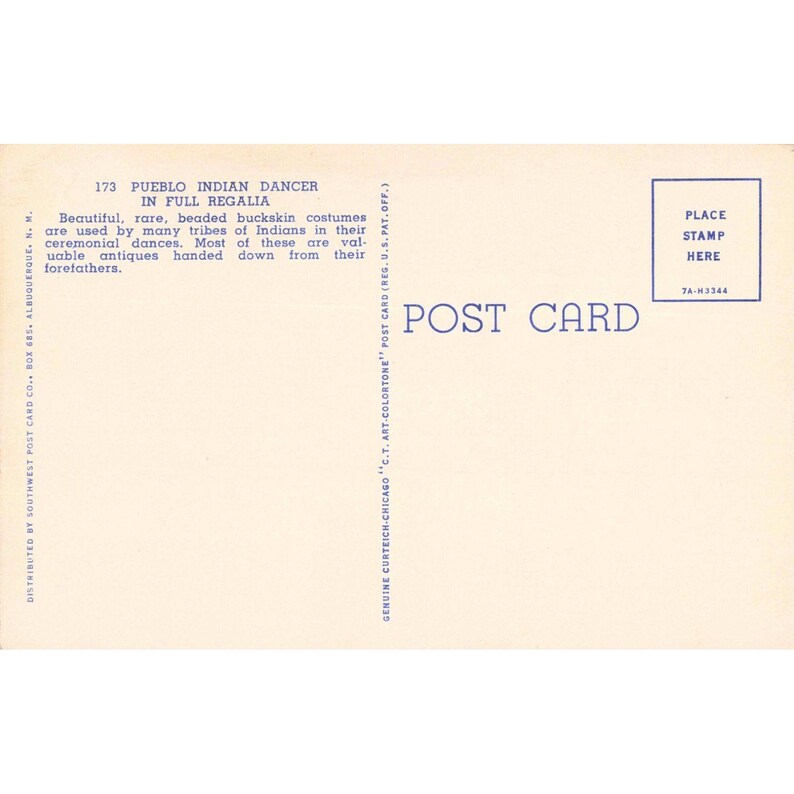 Vtg Pueblo Indian Dancer Linen Postcard Curt Teich Art-Colortone VG+ image 2