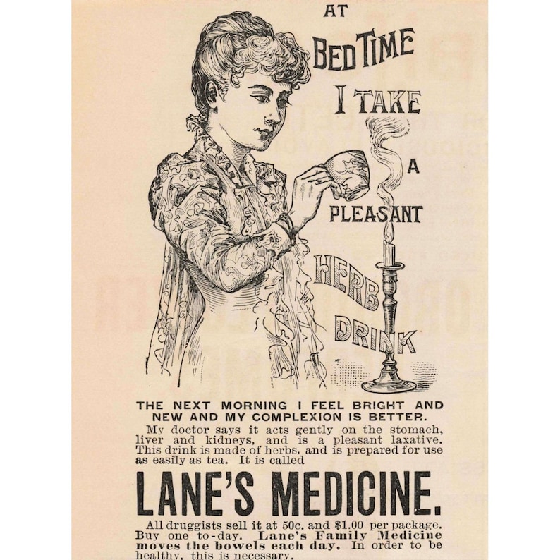 Pubblicità vintage di Lane's Medicine del 1891: donna che beve una tisana immagine 1