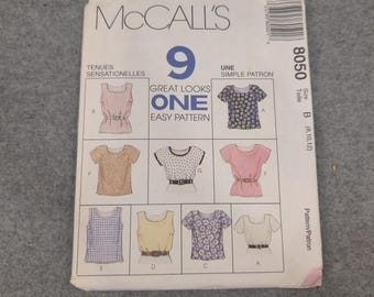 McCalls 8050 Sewing Pattern Misses Tops 9 Great Looks Size 8 10 12 Vintage 1996