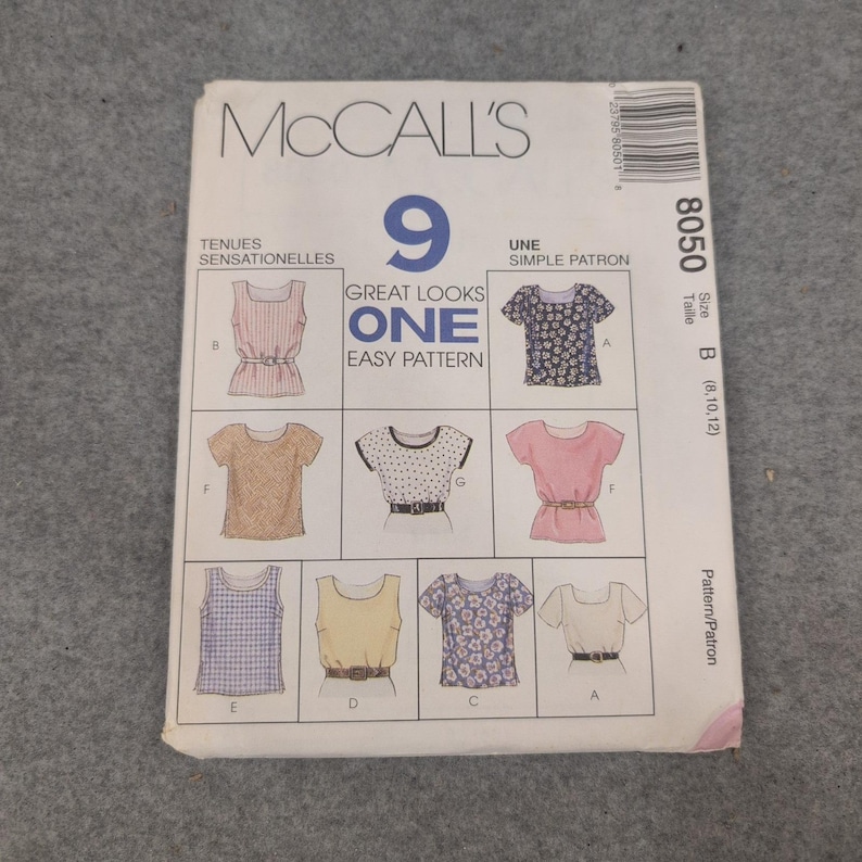 Molde de costura McCalls 8050 para blusas femininas, 9 modelos incríveis, tamanhos 8, 10 e 12, vintage de 1996. imagem 1