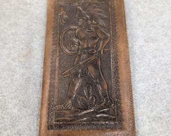 Vintage Hand Tooled Leather Long Wallet Aztec Mayan Warrior Brown Bifold NA305