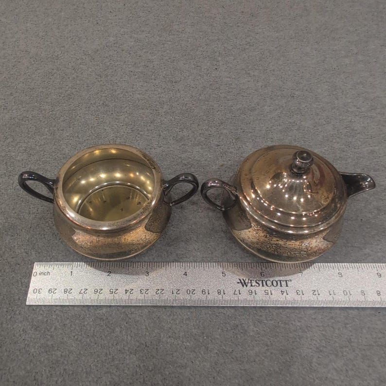 Vintage Stacking Silverplate Teapot and Sugar Bowl Set Wolf Crown Hallmarks image 8