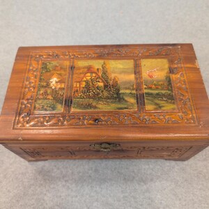Vintage Cedar Wood Keepsake Chest Cottage Landscape Mirror Jewelry Box Latch image 2