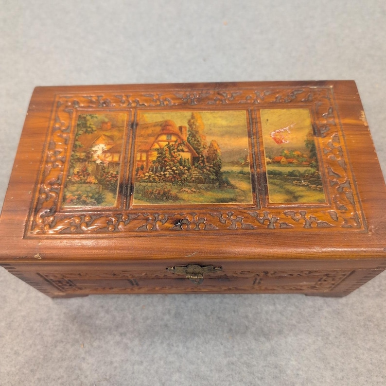Vintage Cedar Wood Keepsake Chest Cottage Landscape Mirror Jewelry Box Latch image 2