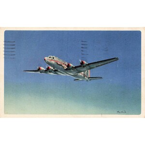 American Airlines Douglas DC-4 Flagship Linen Postcard Ivan Dmitri 1948 image 1