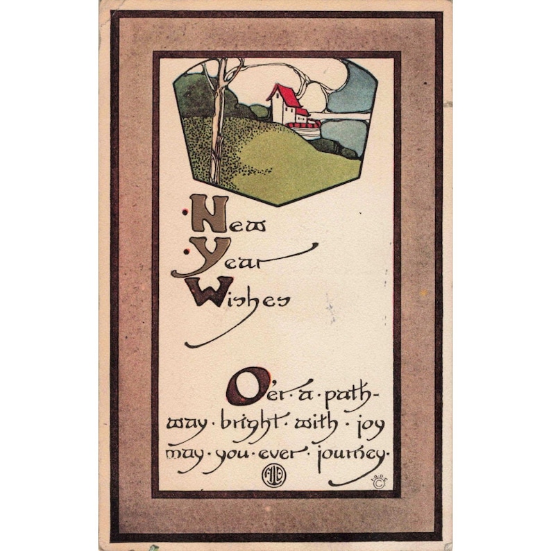 Cartão-postal vintage de 1915 com votos de Ano Novo da International Art Publishing Co., Oregon (em bom estado). imagem 1